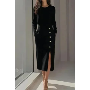 Kadın Uzun Kollu Bisiklet Yakalı Yandan Yırtmaçlı Düğmeli Midi Ithal Krep Elbise