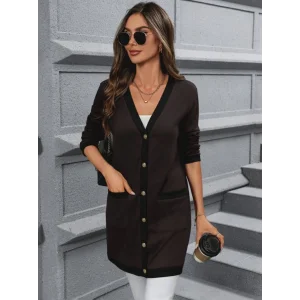 Kadın Uzun Kollu Cepli önden Düğmeli Uzun Modal Ceket Hırka