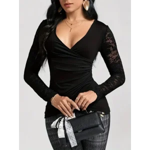 Kadın Uzun Kollu Dantelli Kruvaze Yakalı Yandan Büzgülü Viskon Bluz