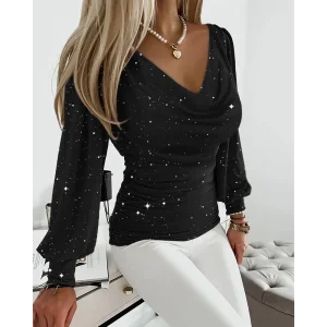 Kadın Uzun Kollu Degaje Yaka Taşlı Sandy Bluz