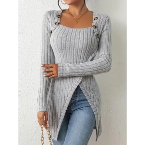 Kadın Uzun Kollu Derin Kare Yaka Düğme Detay şardonlu Kaşkorse Kruvaze Bluz