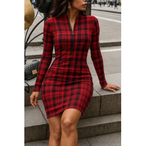 Kadın Uzun Kollu Fermuarlı Ekose Baskılı Dalgıç Elbise