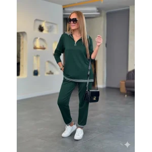 Kadın Uzun Kollu Fermuarlı şerit Detay Desenli Alt üst Ikili Viskon Iki Iplik Takım