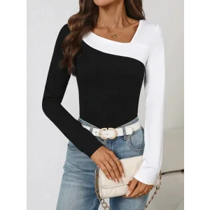 Kadın Uzun Kollu Geometrik Yaka Detaylı çift Renkli Viskon Bluz