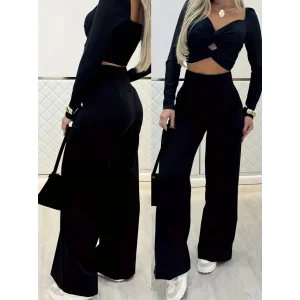 Kadın Uzun Kollu Göğüs Dekolteli Ithal Krep Bluz Ve Pantolon Ikili Takım