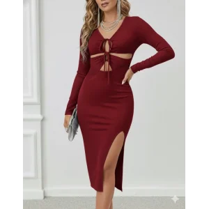 Kadın Uzun Kollu Göğüs Ve Göbek Dekolte Detay Sandy Midi Boy Elbise