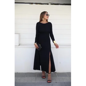 Kadın Uzun Kollu Hafif Kayık Yaka Sırt Dekolteli Yırtmaç Detaylı Viskon Tam Boy Elbise