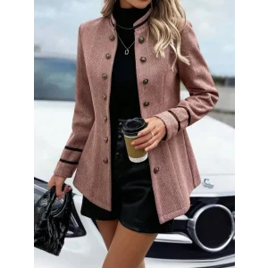 Kadın Uzun Kollu Hakim Yaka Düğme Detaylı Mini Dokuma Ceket