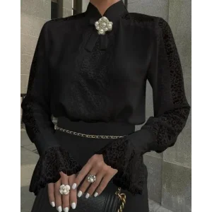 Kadın Uzun Kollu Hakim Yaka Ithal Dantel Detay Gömlek