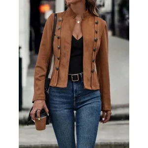 Kadın Uzun Kollu Hakim Yaka Yanlardan Düğmeli Kısa Süet Ceket