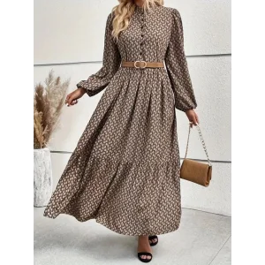 Kadın Uzun Kollu Hakim Yakalı Düğmeli Kemersiz Desenli Maxi Süprem Elbise