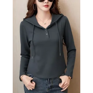 Kadın Uzun Kollu Kapşonlu Bağcıklı Düğmeli Viskon Iki Iplik Füme Bluz