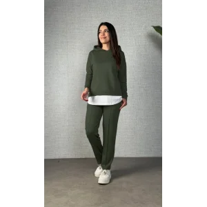 Kadın Uzun Kollu Kapşonlu Bağcıklı Viskon Iki Iplik Bluz Ve Pantolon Ikili Takım