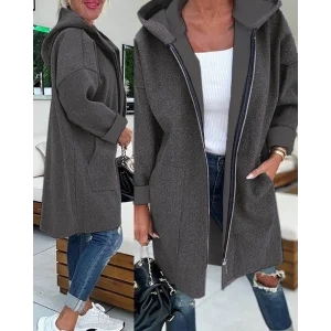 Kadın Uzun Kollu Kapşonlu Fermuar Detaylı Cepli Uzun üç Iplik Ceket