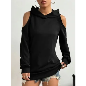 Kadın Uzun Kollu Kapşonlu Omuzlardan Açık Viskon Iki Iplik Bluz