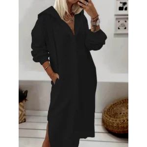 Kadın Uzun Kollu Kapüşonlu Yakası Açık Modal Elbise