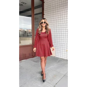 Kadın Uzun Kollu Kare Kalp Yakalı Mini Modal Elbise