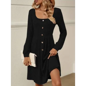 Kadın Uzun Kollu Kare Yaka Düğmeli Kısa şardonlu Iki Iplik Mini Elbise