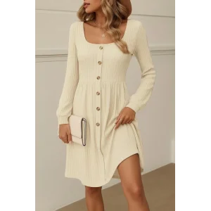 Kadın Uzun Kollu Kare Yaka Düğmeli Kısa şardonlu Iki Iplik Mini Elbise