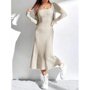 Kadın Uzun Kollu Kare Yaka Midi Kaşkorse Elbise