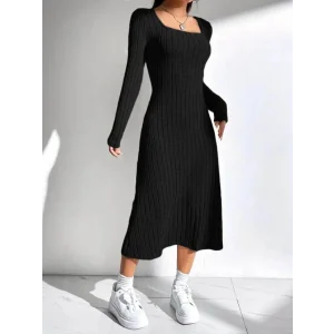 Kadın Uzun Kollu Kare Yakalı Midi şardonlu Kaşkorse Elbise