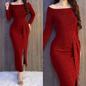 Kadın Uzun Kollu Kayık Yaka Büzgü Ve Maxi Boy Yırtmaç Detay Simli Kadife Kumaş Elbise