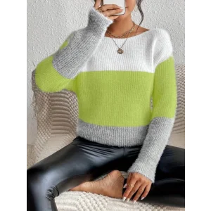 Kadın Uzun Kollu Kayık Yaka çok Renkli Triko Bluz