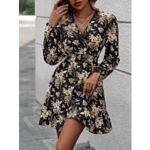 Kadın Uzun Kollu Kruvaze Yaka Beli Gipeli çiçek Desenli Kısa Dalgıç Elbise