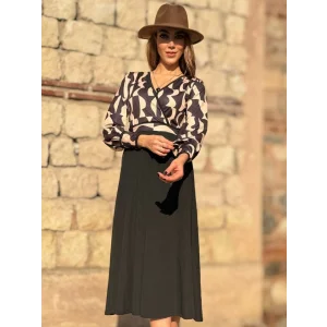 Kadın Uzun Kollu Kruvaze Yaka Dalgıç Krep Midi Boy Elbise