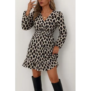 Kadın Uzun Kollu Kruvaze Yaka Desenli Mini Modal Elbise