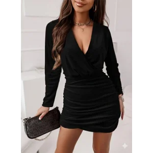 Kadın Uzun Kollu Kruvaze Yaka Yandan Büzgülü Mini Ithal Krep Elbise