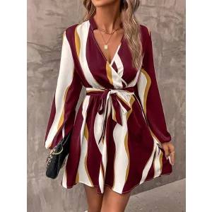 Kadın Uzun Kollu Kruvaze Yakalı Desenli Modal Mini Elbise