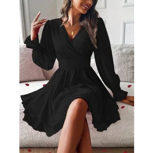 Kadın Uzun Kollu Kruvaze Yakalı Mini Sandy Elbise