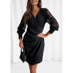 Kadın Uzun Kollu Kruvaze Yakalı önden çapraz Detaylı Kolları çiçek Dantel Detaylı Mini Ithal Krep Elbise