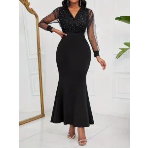 Kadın Uzun Kollu Kruvaze Yakalı Taş Ve Tül Detaylı Uzun Ithal Krep Elbise