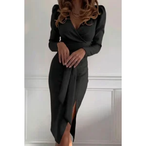 Kadın Uzun Kollu Kruvaze Yakalı Yandan Yırtmaçlı Belden Kuşaklı Midi Ithal Krep Elbise