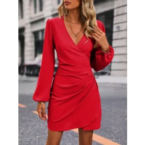 Kadın Uzun Kollu Kruvaze Yakalı Yanlardan Büzgü Detaylı Ithal Krep Kısa Elbise