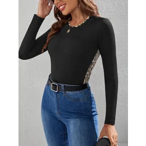 Kadın Uzun Kollu Leopar şeritli Viskon Bluz