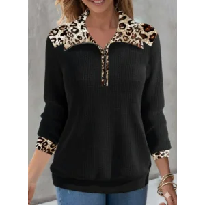 Kadın Uzun Kollu Leopar Yakalı Fermuarlı Waffle Bluz