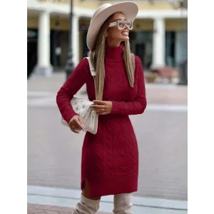 Kadın Uzun Kollu Loren Yünlü Motifli Midi Boy Triko Elbise