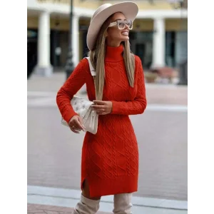 Kadın Uzun Kollu Loren Yünlü Motifli Midi Boy Triko Elbise