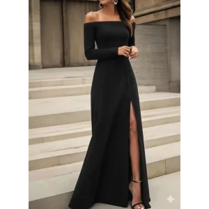 Kadın Uzun Kollu Madonna Yakalı Yırtmaç Detaylı Uzun Ithal Krep Elbise