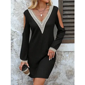 Kadın Uzun Kollu Omuzdan Açık V Dantel Yakalı Mini Waffle Elbise