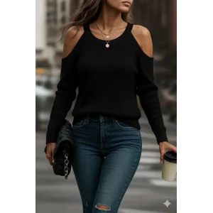 Kadın Uzun Kollu Omuzlardan Açık Askılı Yuvarlak Yaka Triko Bluz