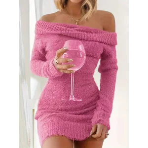 Kadın Uzun Kollu Omuzlardan Açık Kısa şardonlu Triko Elbise