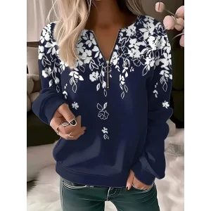 Kadın Uzun Kollu önden Fermuarlı çiçek Desenli şardonlu Dalgıç Bluz