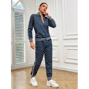 Kadın Uzun Kollu önden Fermuarlı Desenli Iki Iplik Bluz Ve Pantolon Ikili Takım