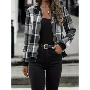 Kadın Uzun Kollu önden Fermuarlı Ekose Desenli Ceket