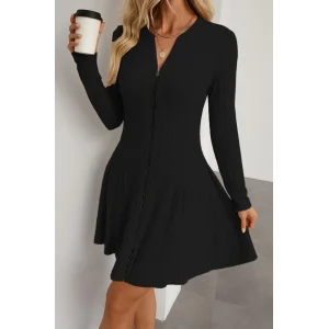 Kadın Uzun Kollu önden Fermuarlı Pileli şardonlu Kaşkorse Mini Elbise