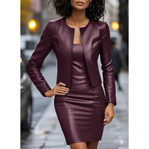 Kadın Uzun Kollu önü Açık Deri Ceket Ve Askılı Yuvarlak Yakalı Mini Elbise Ikili Takım